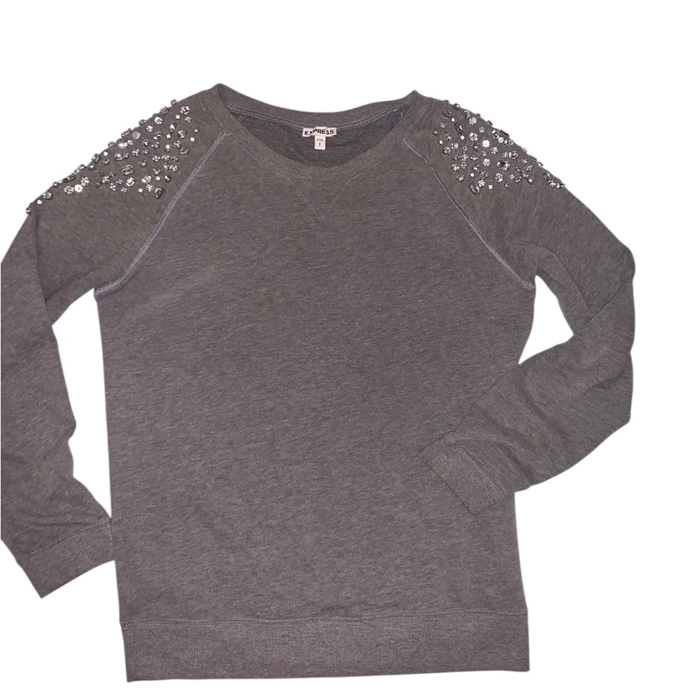 Express Gray rhinestone covered sleeve Long Sleeve sweatshirt shirt